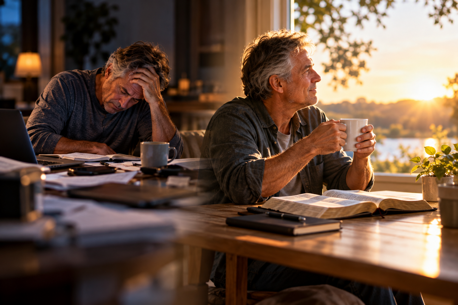 Two sides of one morning: an exhausted man at a cluttered desk on the left, and the same man at sunrise with coffee and an open Bible on the right.