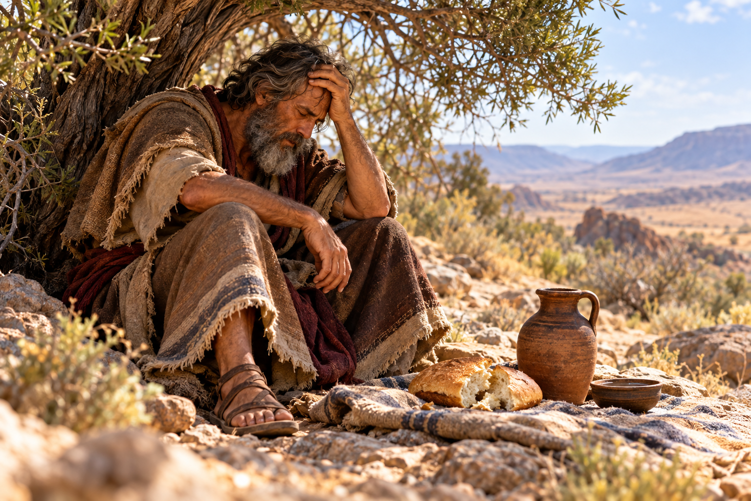Elijah seated under a desert tree, head in his hand, with bread and a jar of water beside him.