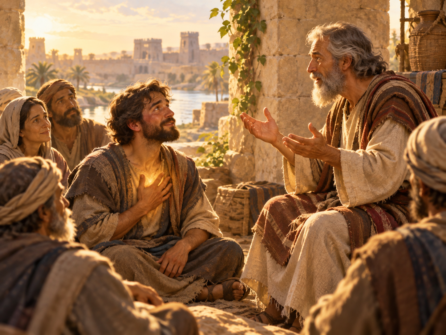 Ezekiel sharing God's promise of inward renewal to a small group of biblical-era listeners