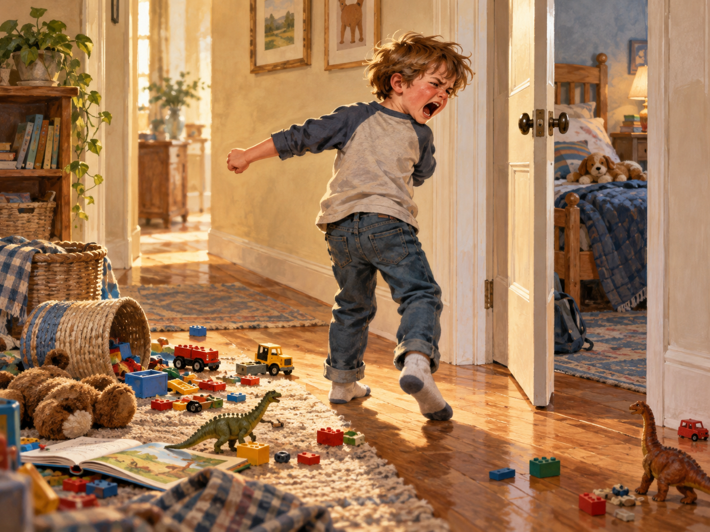 Young boy expressing his frustration about cleaning up scattered toys in a family home